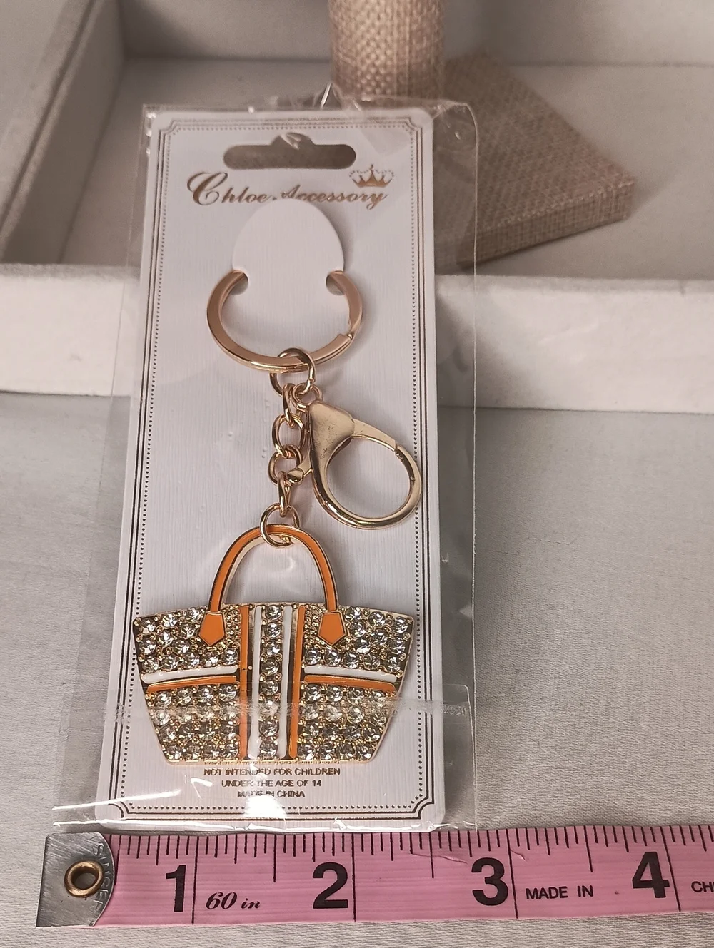 Women's Gold Rhinestone Handbag Keychain Bag Charm with Orange Accents GOLD